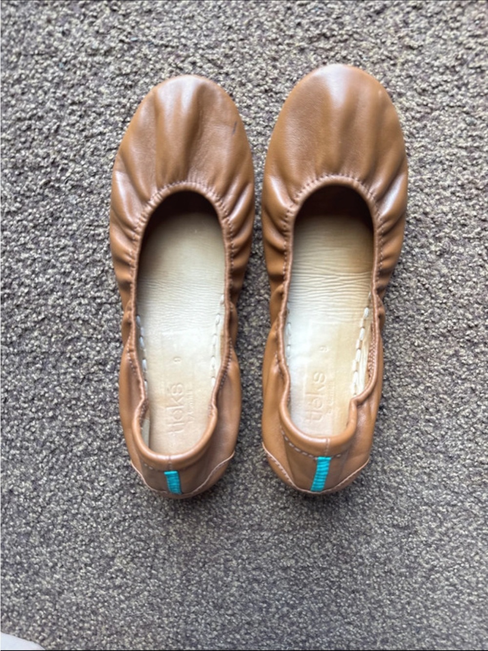 TieksTan Leather Ballet Flats with Teal Heel Tab